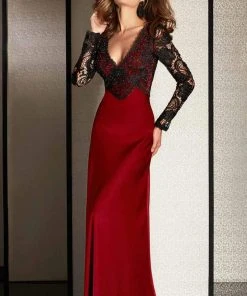 Clarisse - M6222 Lace Sleeved V-neck Dress 8 Clarisse - M6222 Lace Sleeved V-neck Dress