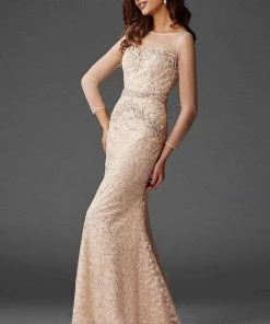 Clarisse - M6427 Mesh Sleeved Embroidered Long Gown