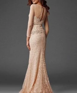 Clarisse - M6427 Mesh Sleeved Embroidered Long Gown