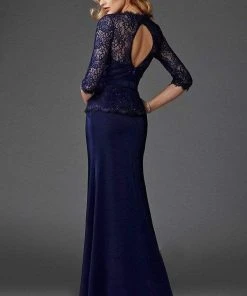 Clarisse - M6444 Lace Patterned Peplum Evening Gown