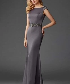 Clarisse - M6447 Bedazzled Bateau Sheath Dress