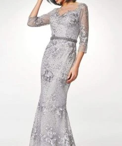Clarisse - M6502 Quarter Sleeve Lace Appliqued Mesh Trumpet Gown