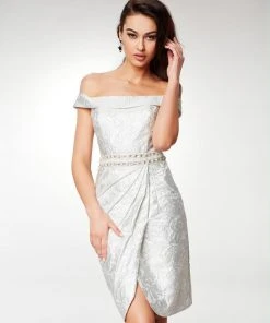 Clarisse - M6561 Beaded Brocade Off-Shoulder Tulip Dress