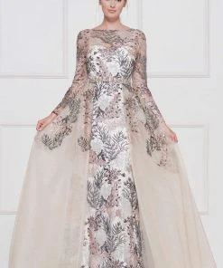 Colors Dress - 1830SL Lace Sheath Long Sleeve Gown With Overskirt 14 Colors Dress - 1830SL Lace Sheath Long Sleeve Gown With Overskirt