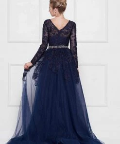 Colors Dress - 1830SL Lace Sheath Long Sleeve Gown With Overskirt 19 Colors Dress - 1830SL Lace Sheath Long Sleeve Gown With Overskirt