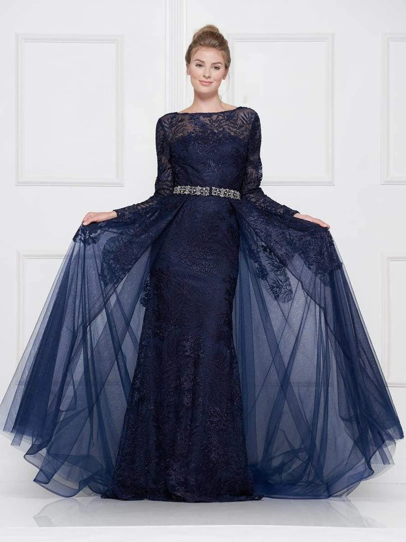 Colors Dress - 1830SL Lace Sheath Long Sleeve Gown With Overskirt 9 Colors Dress - 1830SL Lace Sheath Long Sleeve Gown With Overskirt