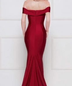 Colors Dress - 2107 Off Shoulder Front Slit Satin Mermaid Gown