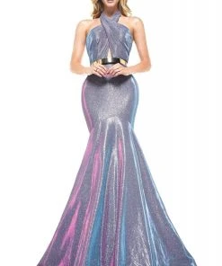 Colors Dress - 2287 Shiny Crossed Neckline Trumpet Dress