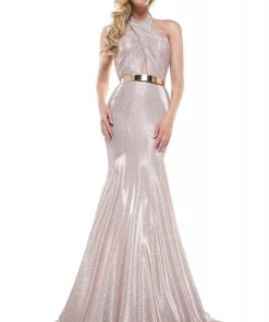 Colors Dress - 2287 Shiny Crossed Neckline Trumpet Dress