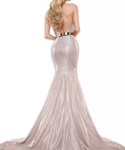 Colors Dress - 2287 Shiny Crossed Neckline Trumpet Dress