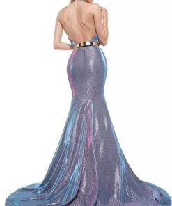 Colors Dress - 2287 Shiny Crossed Neckline Trumpet Dress