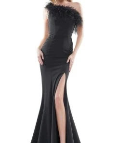 Colors Dress - 2405 Feathered One Shoulder Crepe Mermaid Dress