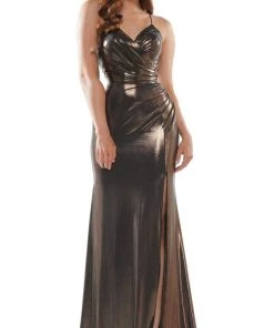 Colors Dress - 2635 V-Neck Metallic Jersey Gown