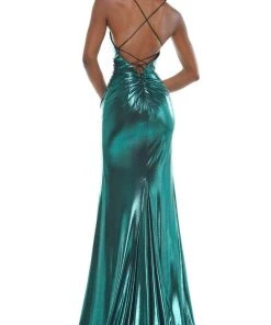 Colors Dress - 2635 V-Neck Metallic Jersey Gown