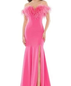 Colors Dress - 2663 Feather Trimmed High Slit Gown