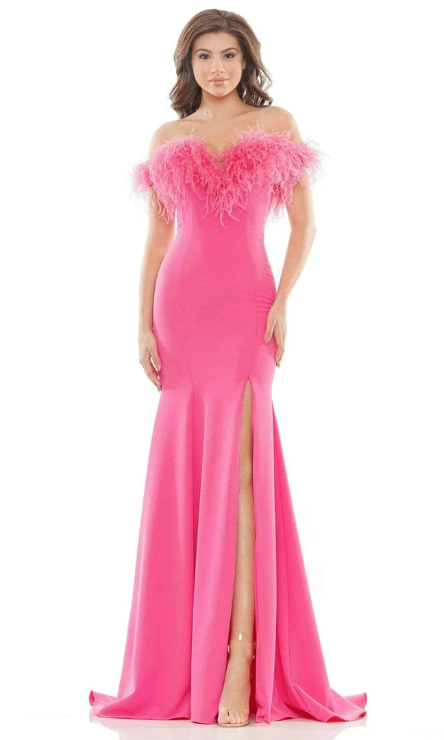 Colors Dress - 2663 Feather Trimmed High Slit Gown 3 Colors Dress - 2663 Feather Trimmed High Slit Gown