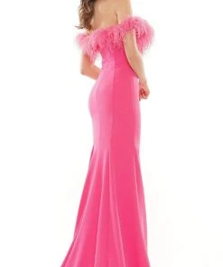 Colors Dress - 2663 Feather Trimmed High Slit Gown 5 Colors Dress - 2663 Feather Trimmed High Slit Gown