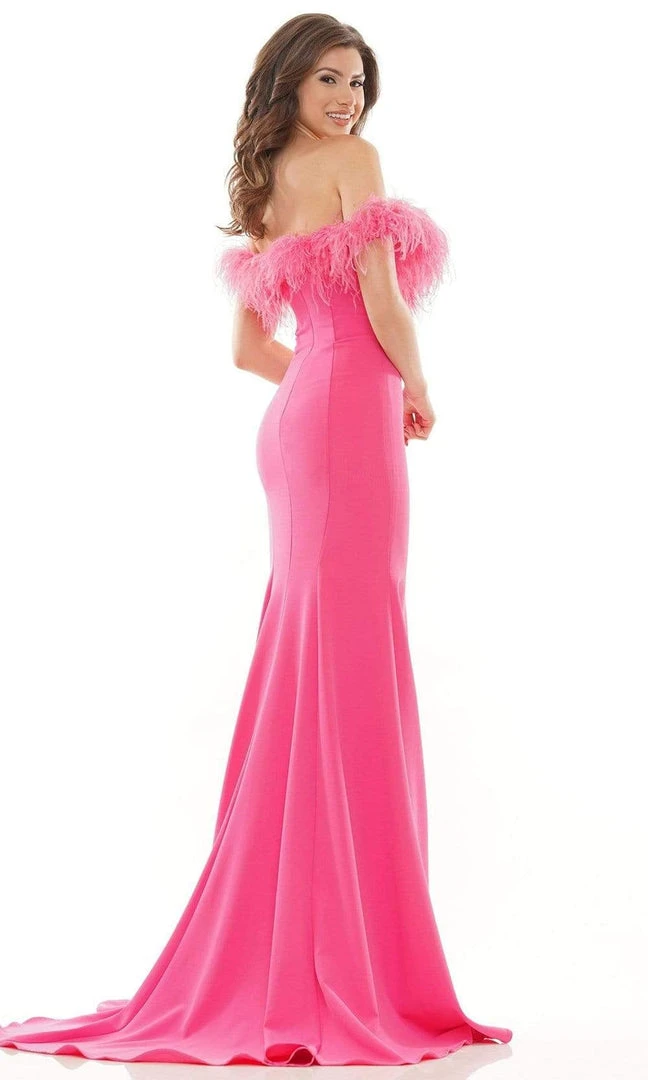Colors Dress - 2663 Feather Trimmed High Slit Gown 4 Colors Dress - 2663 Feather Trimmed High Slit Gown