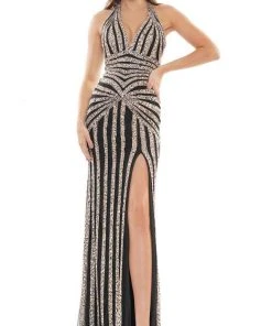 Colors Dress - 2704 Stripe Embellished Evening Gown