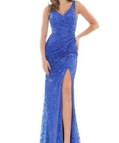 Colors Dress - G1074 V-Neck Ruched Sequin Dress