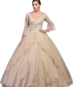 Dancing Queen - 1247 Sheer Trumpet Sleeve Wide V-neck Quinceanera Ballgown