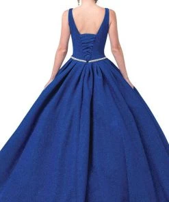 Dancing Queen - 1356 Deep V-Neck Bejeweled Waist Ballgown