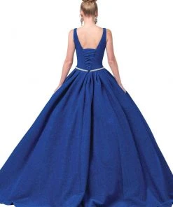 Dancing Queen - 1356 Deep V-Neck Bejeweled Waist Ballgown