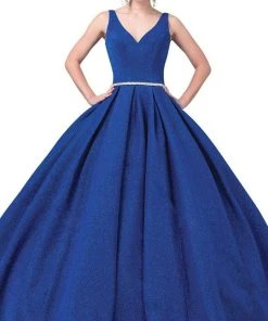 Dancing Queen - 1356 Deep V-Neck Bejeweled Waist Ballgown