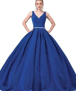 Dancing Queen - 1356 Deep V-Neck Bejeweled Waist Ballgown