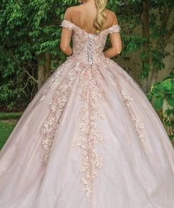 Dancing Queen - 1574 Floral Applique Off Shoulder Ballgown With Train