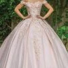 Dancing Queen - 1574 Floral Applique Off Shoulder Ballgown With Train