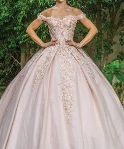 Dancing Queen - 1574 Floral Applique Off Shoulder Ballgown With Train