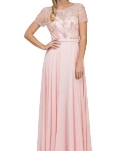 Dancing Queen - 2067 Embellished Sheer Short Sleeve Evening Dress