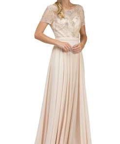 Dancing Queen - 2067 Embellished Sheer Short Sleeve Evening Dress