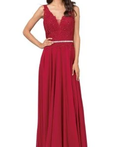 Dancing Queen - 2161 Beaded Lace V-neck A-line Prom Dress