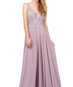 Dancing Queen - 2161 Beaded Lace V-neck A-line Prom Dress