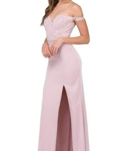 Dancing Queen - 2164 Appliqued Plunging Off Shoulder High Slit Gown