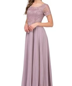 Dancing Queen - 2268 Short Sleeve Illusion Lattice Ornate A-Line Prom Gown