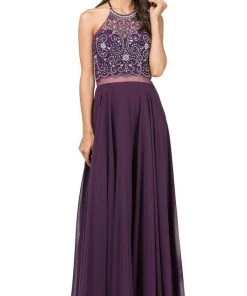 Dancing Queen - 2341 Beaded Sheer Halter Chiffon Prom Dress