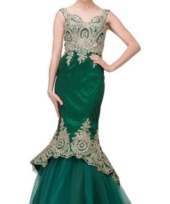 Dancing Queen - 2413 Lace Appliqued Portrait Mermaid Prom Gown