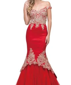 Dancing Queen - 2413 Lace Appliqued Portrait Mermaid Prom Gown