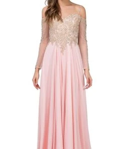 Dancing Queen - 2422 Appliqued Sheer Long Sleeves A-Line Prom Gown