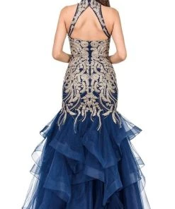 Dancing Queen - 2447 Gold Applique Halter Tiered Mermaid Prom Dress