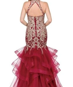 Dancing Queen - 2447 Gold Applique Halter Tiered Mermaid Prom Dress