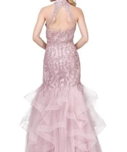 Dancing Queen - 2447 Gold Applique Halter Tiered Mermaid Prom Dress