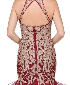 Dancing Queen - 2447 Gold Applique Halter Tiered Mermaid Prom Dress