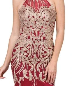 Dancing Queen - 2447 Gold Applique Halter Tiered Mermaid Prom Dress