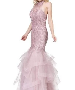 Dancing Queen - 2447 Gold Applique Halter Tiered Mermaid Prom Dress