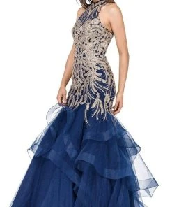 Dancing Queen - 2447 Gold Applique Halter Tiered Mermaid Prom Dress
