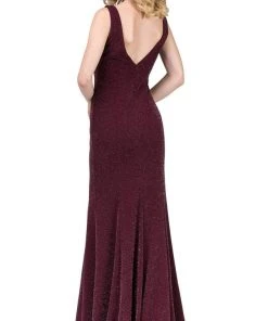 Dancing Queen - 2497 Shimmer Fabric Plunging Neck Fitted Prom Dress